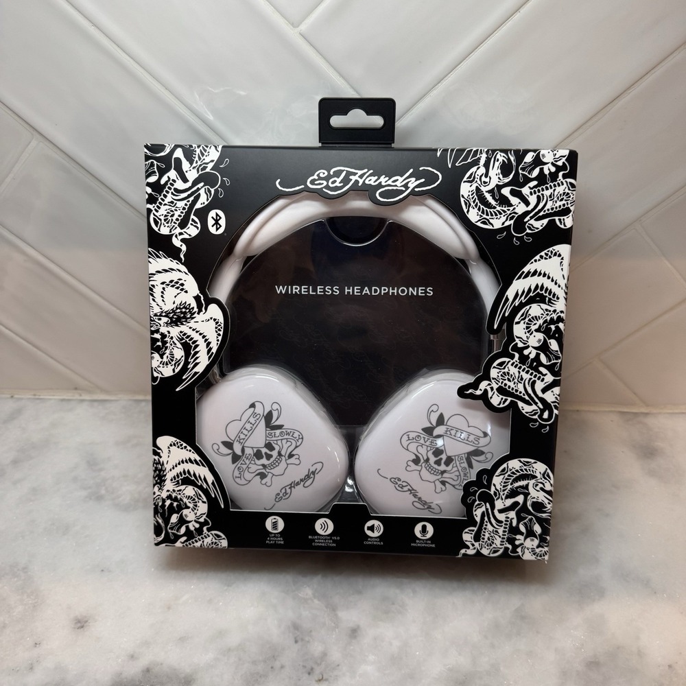 Ed Hardy Wireless Bluetooth Headphones White Tattoo Design, Noise Isolation, Mic